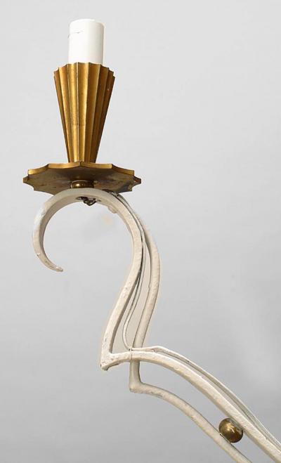 French 1940s White Painted and Brass Four Light Chandelier