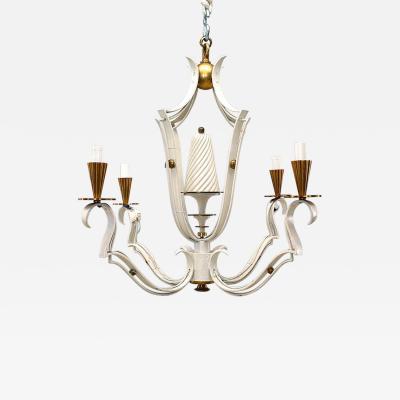 French 1940s White Painted and Brass Four Light Chandelier