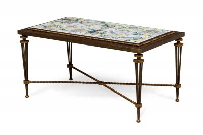French 1940s rectangular wrought iron coffee table with inset tile top att G