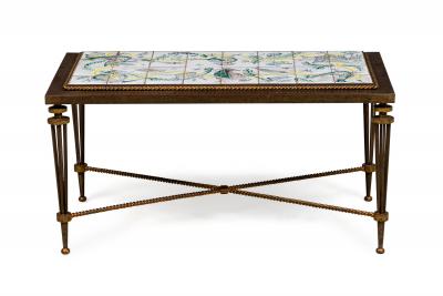 French 1940s rectangular wrought iron coffee table with inset tile top att G