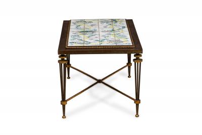 French 1940s rectangular wrought iron coffee table with inset tile top att G