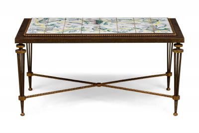 French 1940s rectangular wrought iron coffee table with inset tile top att G
