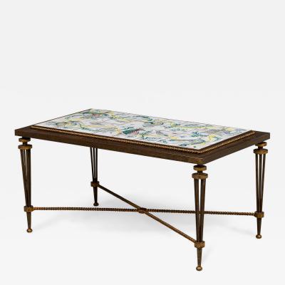 French 1940s rectangular wrought iron coffee table with inset tile top att G