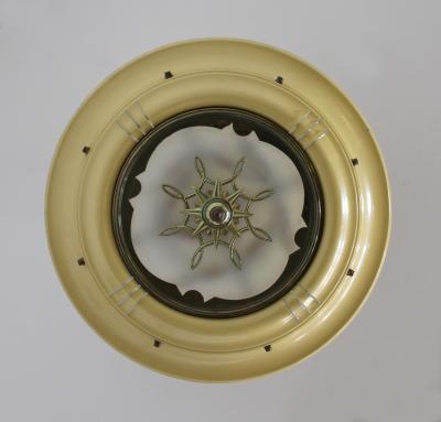 French 1950s Lacquered Metal Frosted Glass Chandelier with Brass Details
