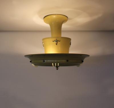 French 1950s Lacquered Metal Frosted Glass Chandelier with Brass Details