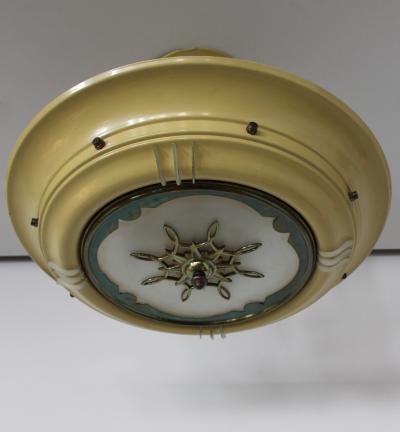 French 1950s Lacquered Metal Frosted Glass Chandelier with Brass Details