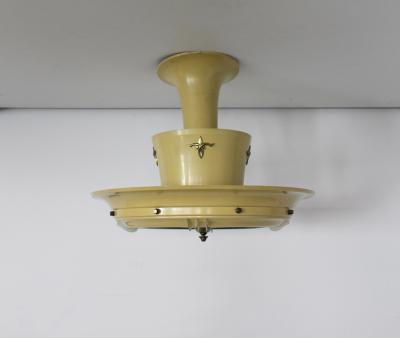 French 1950s Lacquered Metal Frosted Glass Chandelier with Brass Details
