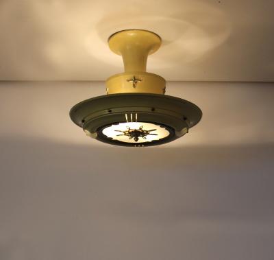 French 1950s Lacquered Metal Frosted Glass Chandelier with Brass Details