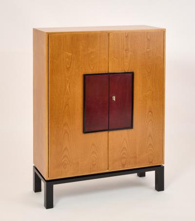 French 1950s Pair of HIgh Cabinets in Oak and Leather