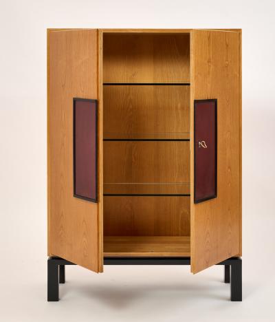 French 1950s Pair of HIgh Cabinets in Oak and Leather