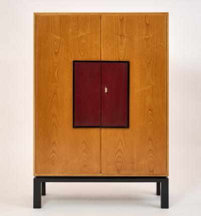 French 1950s Pair of HIgh Cabinets in Oak and Leather