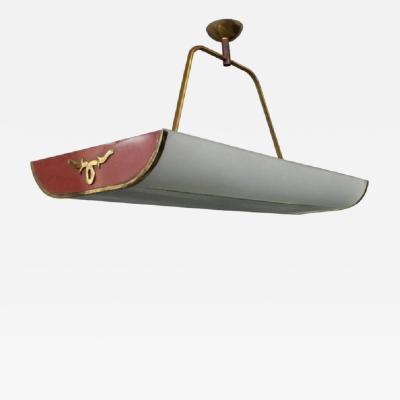 French 1950s Red Lacquered Brass and Glass Chandelier