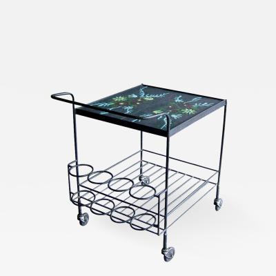 French 1950s Wrought Iron and Enameled Stone Rolling Cart