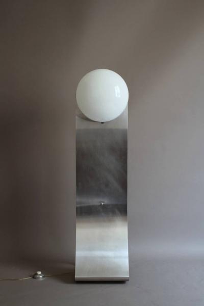 French 1970s Stainless Steel and White Glass Floor Lamp