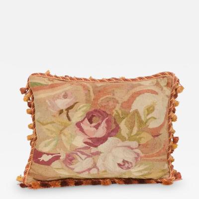 French 19th Century Aubusson Tapestry Pillow with Bouquet of Roses and Cording