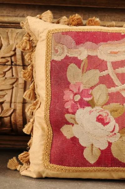 French 19th Century Aubusson Tapestry Pillow with Floral Decor and Tassels