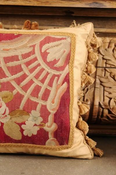 French 19th Century Aubusson Tapestry Pillow with Floral Decor and Tassels