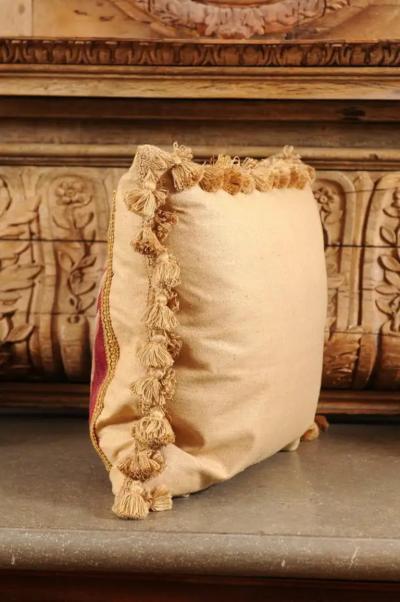 French 19th Century Aubusson Tapestry Pillow with Floral Decor and Tassels