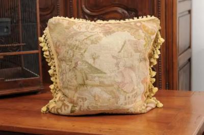 French 19th Century Aubusson Tapestry Pillow with Medieval Style Genre Scene