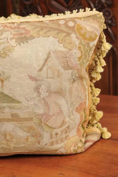 French 19th Century Aubusson Tapestry Pillow with Medieval Style Genre Scene