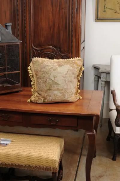 French 19th Century Aubusson Tapestry Pillow with Medieval Style Genre Scene