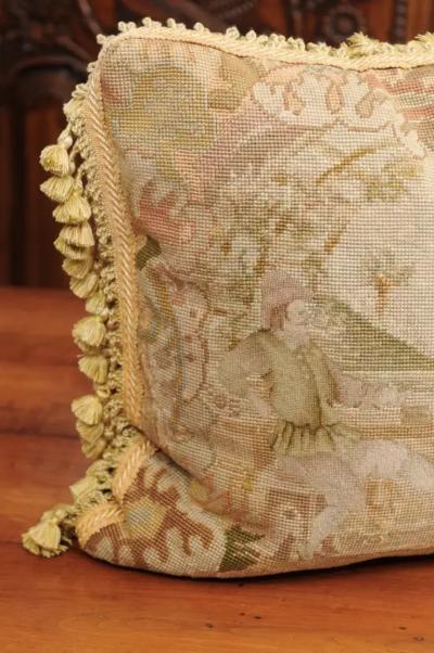 French 19th Century Aubusson Tapestry Pillow with Medieval Style Genre Scene
