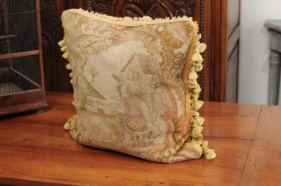 French 19th Century Aubusson Tapestry Pillow with Medieval Style Genre Scene