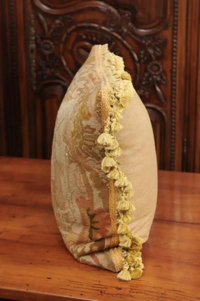 French 19th Century Aubusson Tapestry Pillow with Medieval Style Genre Scene