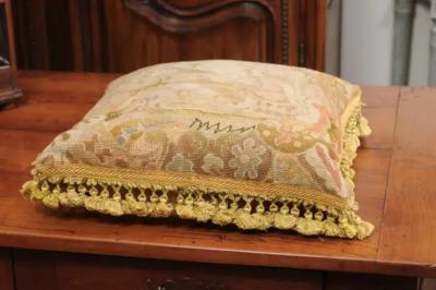 French 19th Century Aubusson Tapestry Pillow with Medieval Style Genre Scene