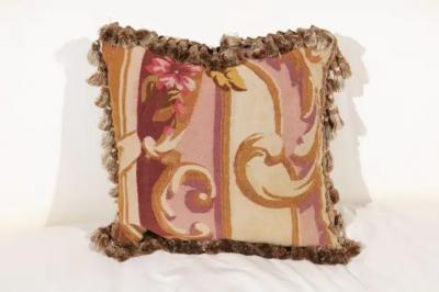 French 19th Century Aubusson Tapestry Pillow with Tassels and Floral D cor
