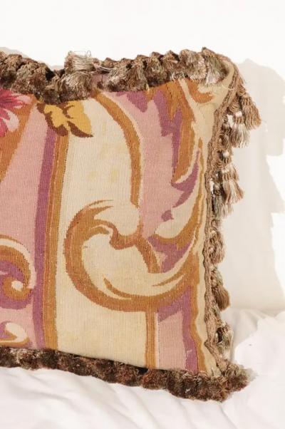 French 19th Century Aubusson Tapestry Pillow with Tassels and Floral D cor