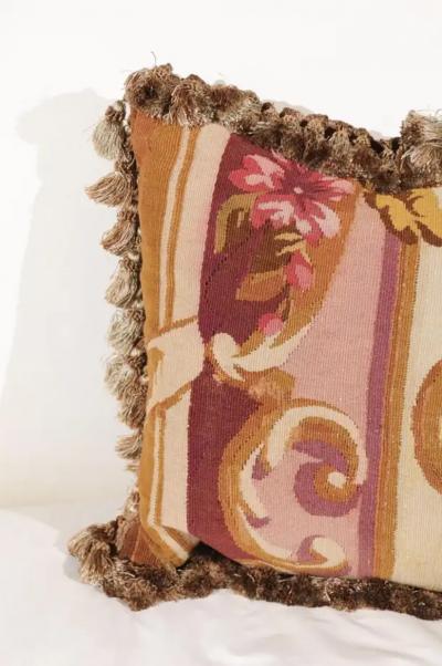 French 19th Century Aubusson Tapestry Pillow with Tassels and Floral D cor