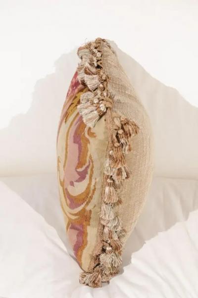 French 19th Century Aubusson Tapestry Pillow with Tassels and Floral D cor
