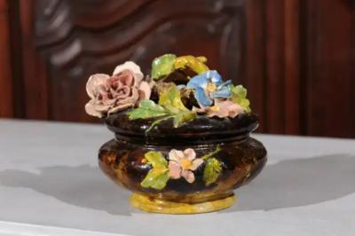 French 19th Century Barbotine Covered Bowl with Floral D cor and Birds Nest