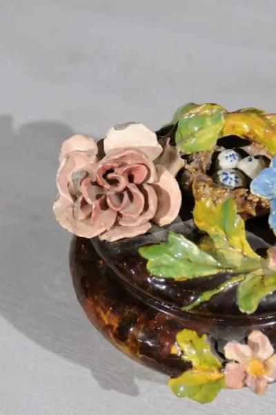 French 19th Century Barbotine Covered Bowl with Floral D cor and Birds Nest