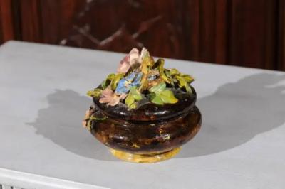 French 19th Century Barbotine Covered Bowl with Floral D cor and Birds Nest