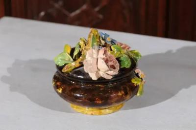 French 19th Century Barbotine Covered Bowl with Floral D cor and Birds Nest