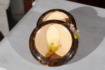 French 19th Century Barbotine Covered Bowl with Floral D cor and Birds Nest