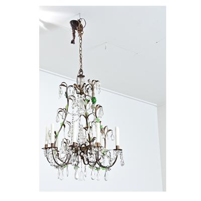 French 19th Century Brass Chandelier with Clear Green Crystals