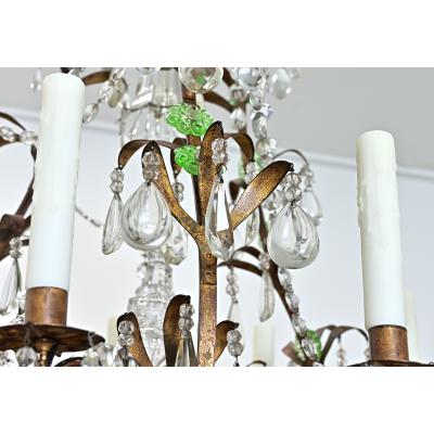 French 19th Century Brass Chandelier with Clear Green Crystals