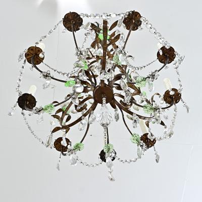 French 19th Century Brass Chandelier with Clear Green Crystals