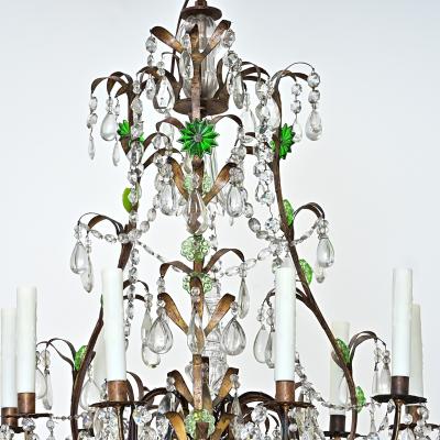 French 19th Century Brass Chandelier with Clear Green Crystals