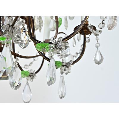 French 19th Century Brass Chandelier with Clear Green Crystals