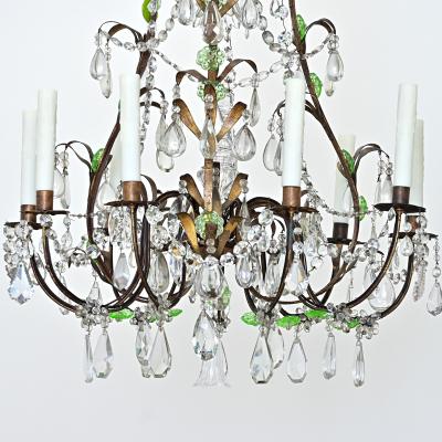 French 19th Century Brass Chandelier with Clear Green Crystals
