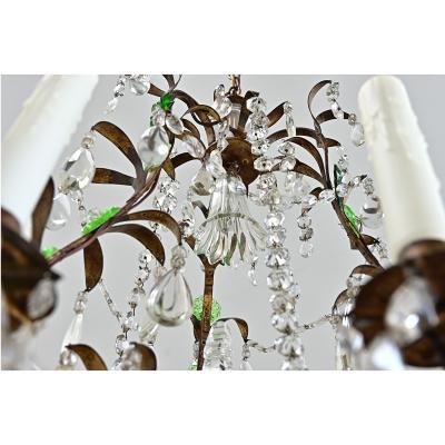 French 19th Century Brass Chandelier with Clear Green Crystals