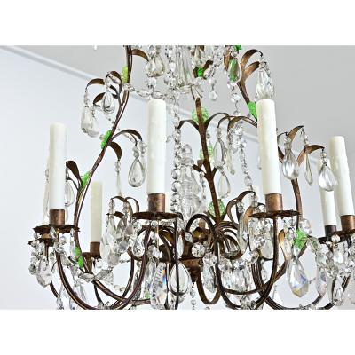 French 19th Century Brass Chandelier with Clear Green Crystals
