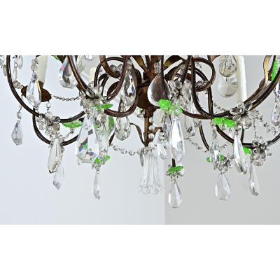 French 19th Century Brass Chandelier with Clear Green Crystals
