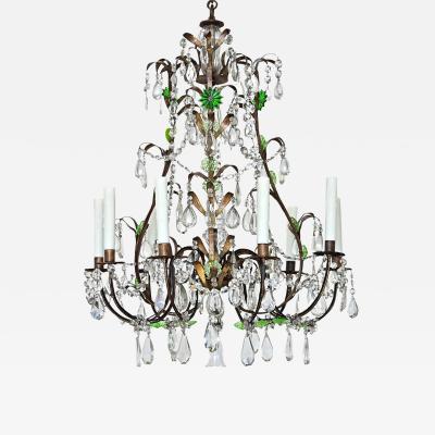 French 19th Century Brass Chandelier with Clear Green Crystals