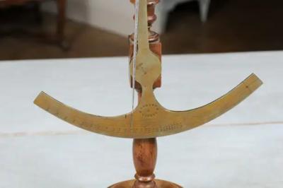 French 19th Century Brass Fabric Scale on Wooden Base Signed Robert A Vienne