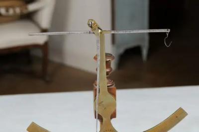 French 19th Century Brass Fabric Scale on Wooden Base Signed Robert A Vienne